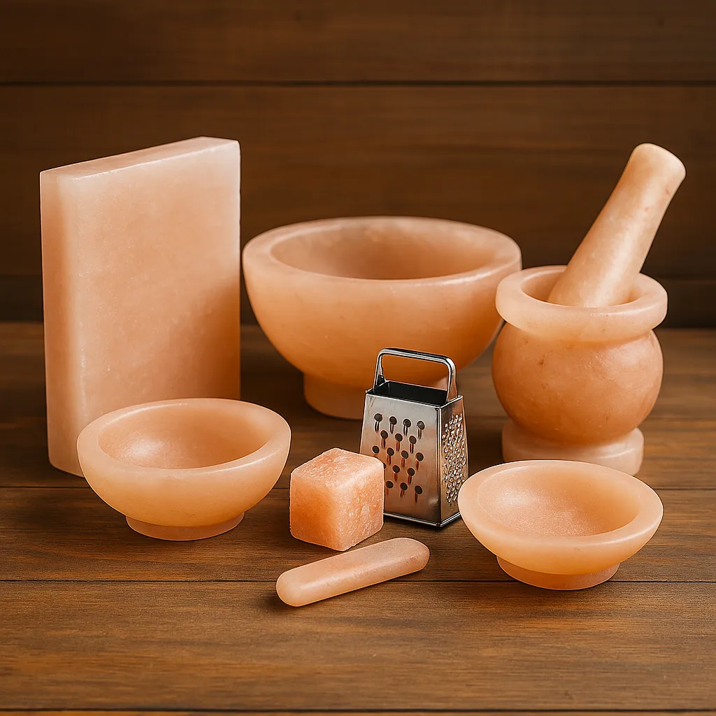 A high-resolution photograph showcasing six hand-carved Himalayan salt kitchenware items including salt blocks, bowls, plates, and a mortar and pestle set, ideal for gourmet cooking, seasoning, and spa wellness use