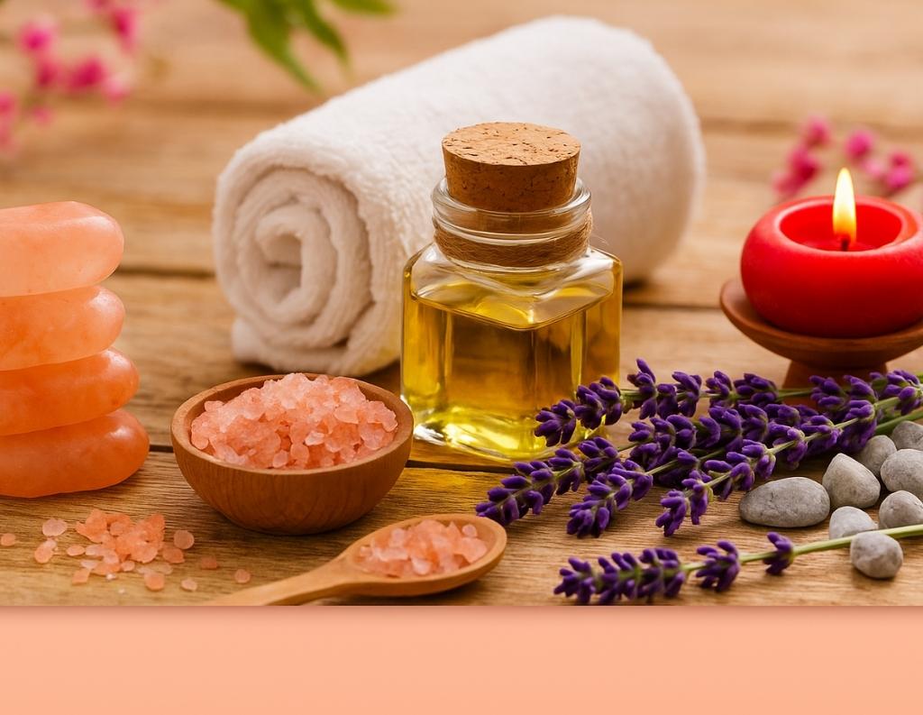 Landscape image featuring a spa relaxation scene with Himalayan pink salt, essential oils in glass bottles, rolled white towels, and lit candles arranged on a wooden surface, surrounded by lavender and smooth massage stones for a calming bath experience