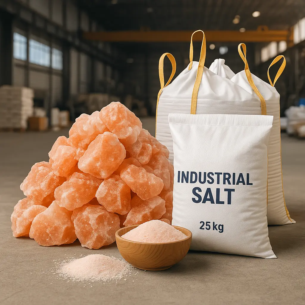A pile of raw pink Himalayan salt rocks next to a wooden bowl of fine salt and labeled industrial salt bags in a warehouse environment