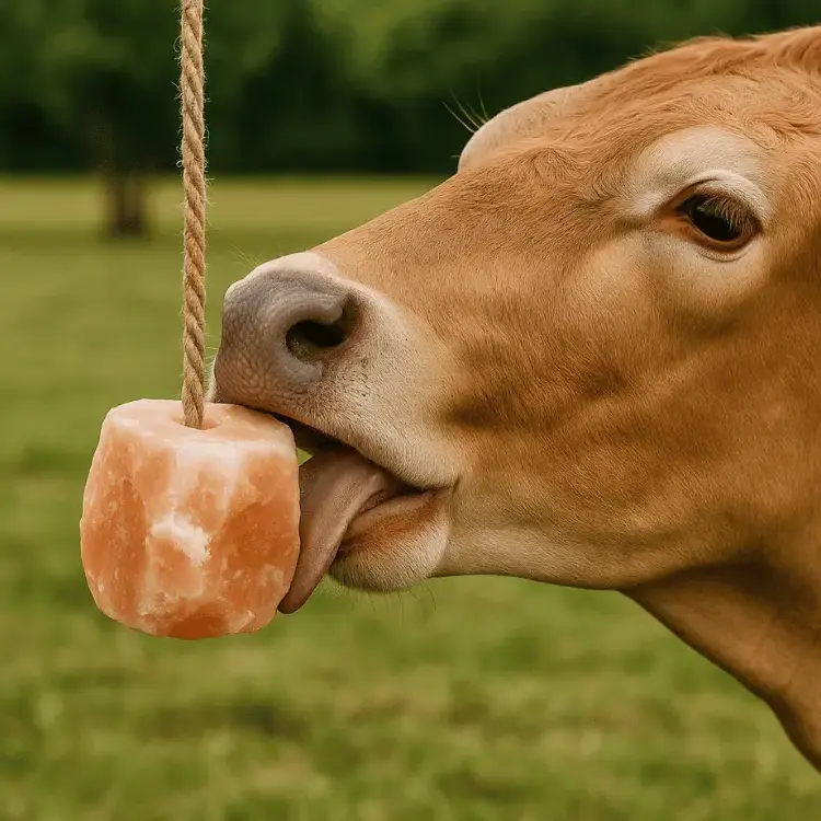 A close-up image of a light brown cow licking a Himalayan pink salt block, showcasing natural mineral supplementation for livestock health