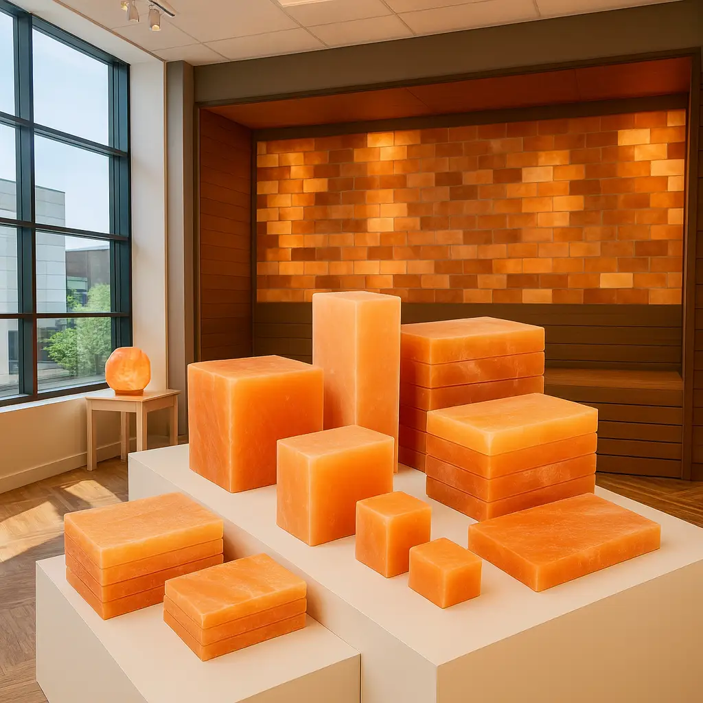 A modern showroom bathed in natural daylight featuring stacked Himalayan salt bricks and tiles on display pedestals, with a glowing salt brick wall and large glass windows in the background.