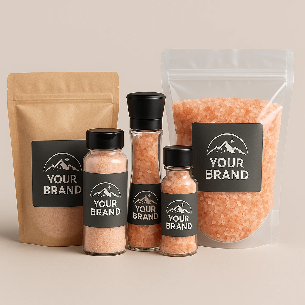 A digital photograph displays five Himalayan pink salt packaging options filled with fine, coarse, and granule-sized salt (0.1mm–5mm), featuring PET jars, glass grinders, stand-up pouches, and refillable bags labeled "Your Brand" with a dummy logo.