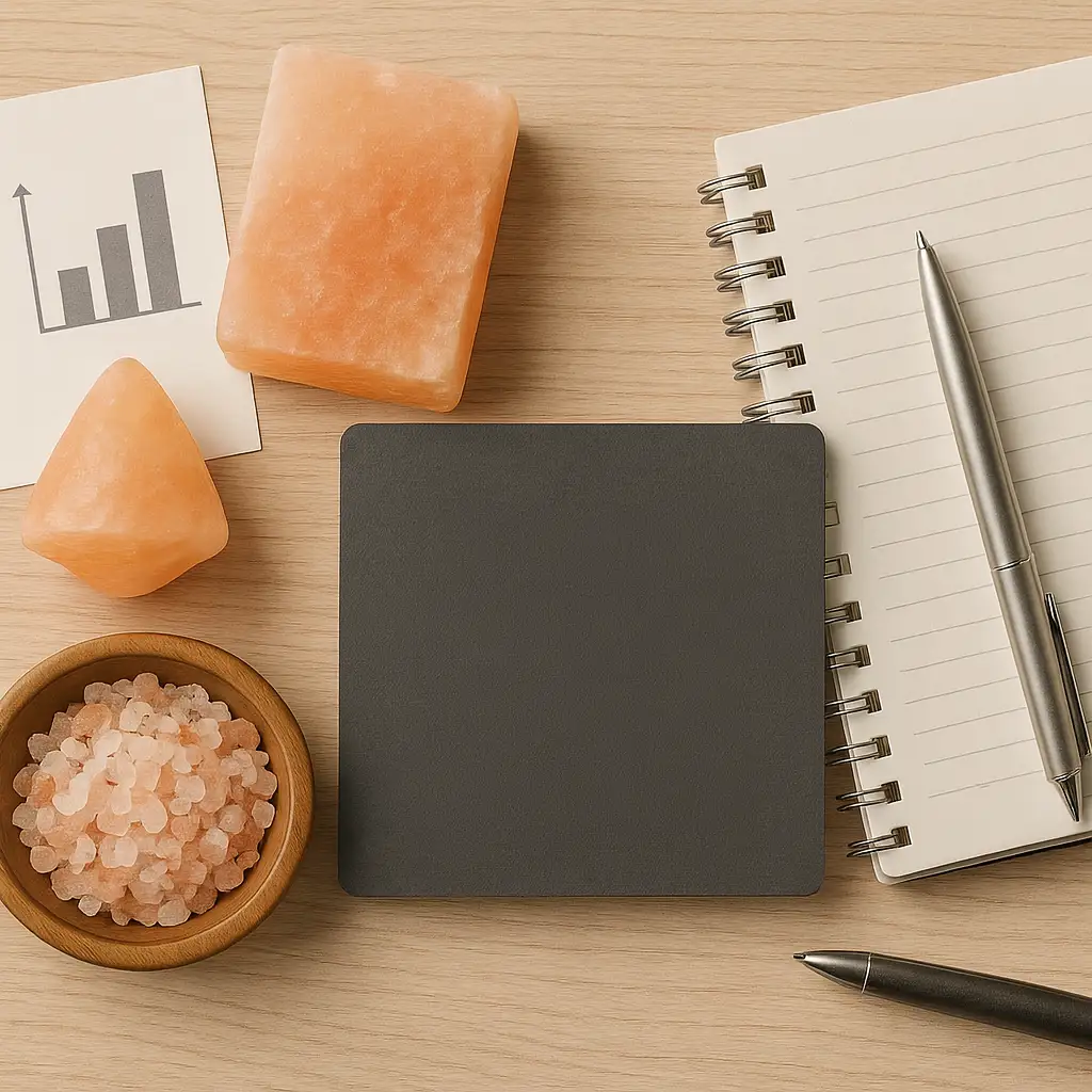 Flat lay of Himalayan salt products and consultation tools, including salt blocks, a bowl of salt crystals, a chart, a notebook, and a pen on a wooden surface