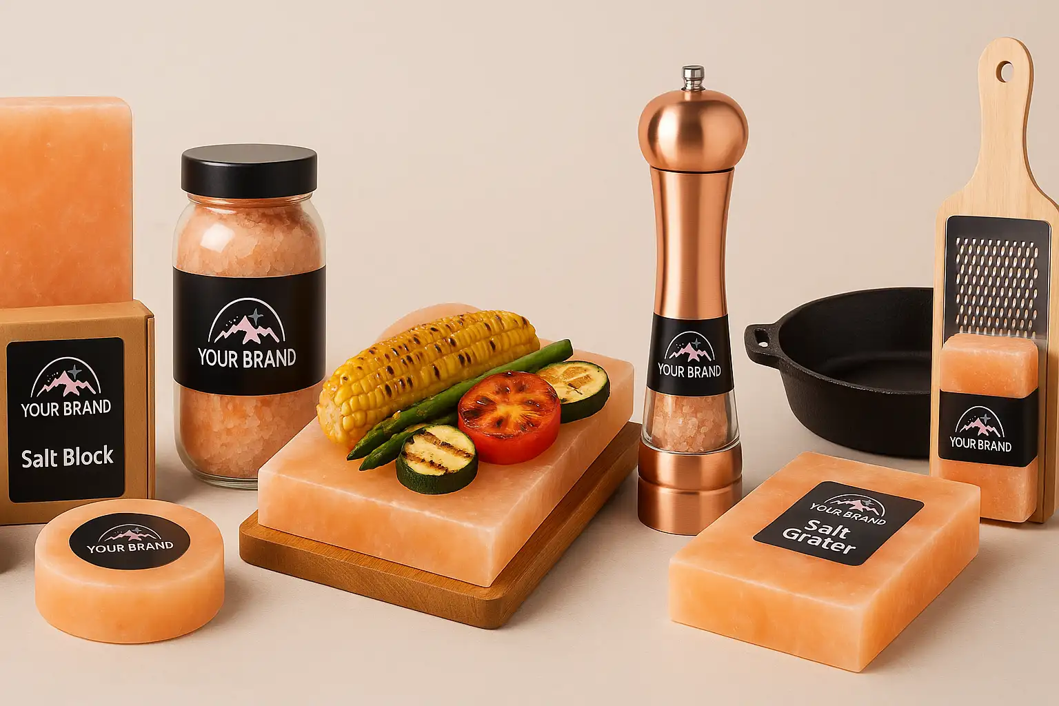 An ultra-wide image showcasing a variety of individual Himalayan salt cooking products, including salt slabs, grilling blocks, round serving plates, and culinary bricks. Each product is clearly separated and labeled with a "Your Brand" dummy label, designed for gourmet cooking and food presentation.
