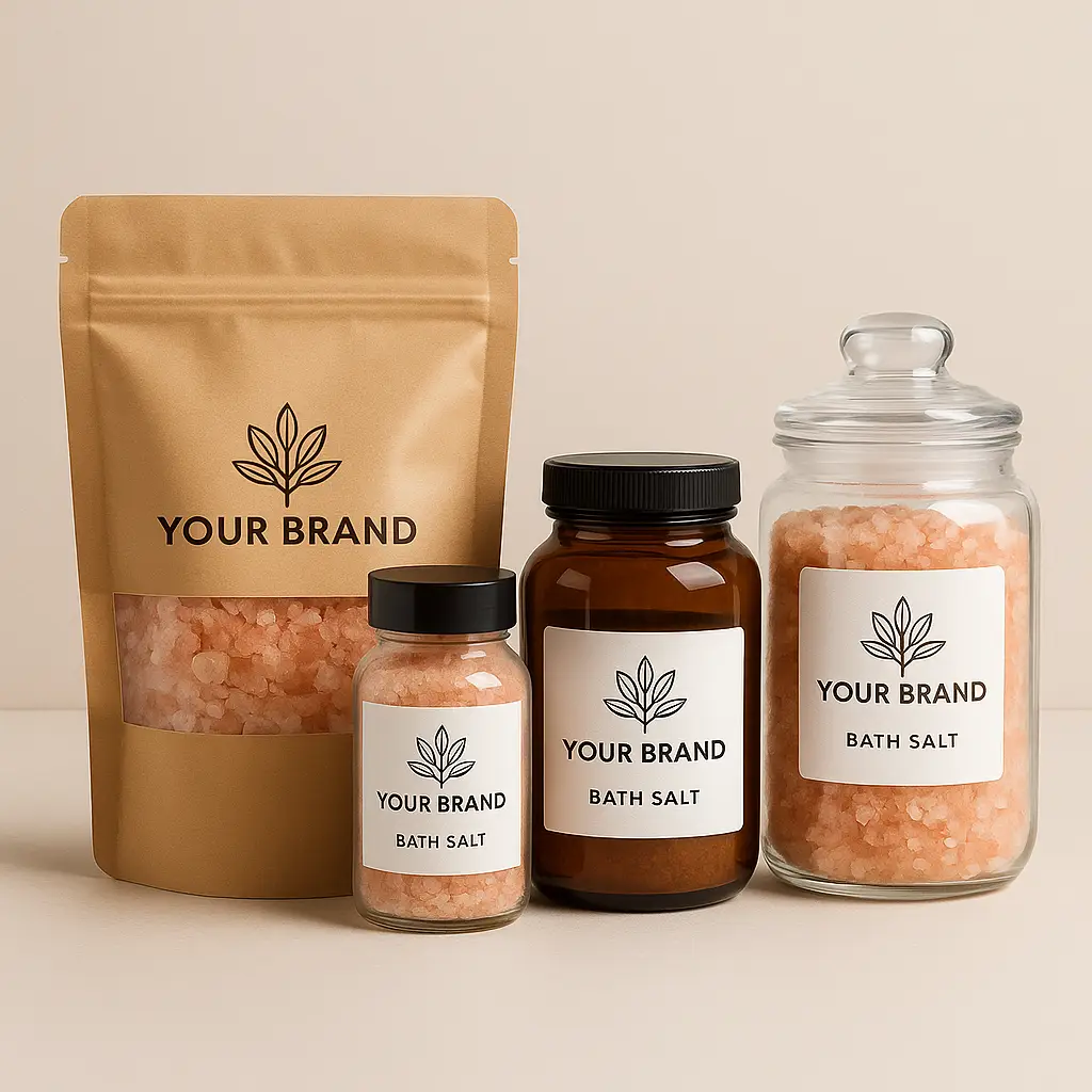 A square image displays four spa and wellness salt kits filled with Himalayan pink salt in eco-luxe glass and kraft containers, labeled “Your Brand” with a dummy logo, ideal for private-label wellness packaging.