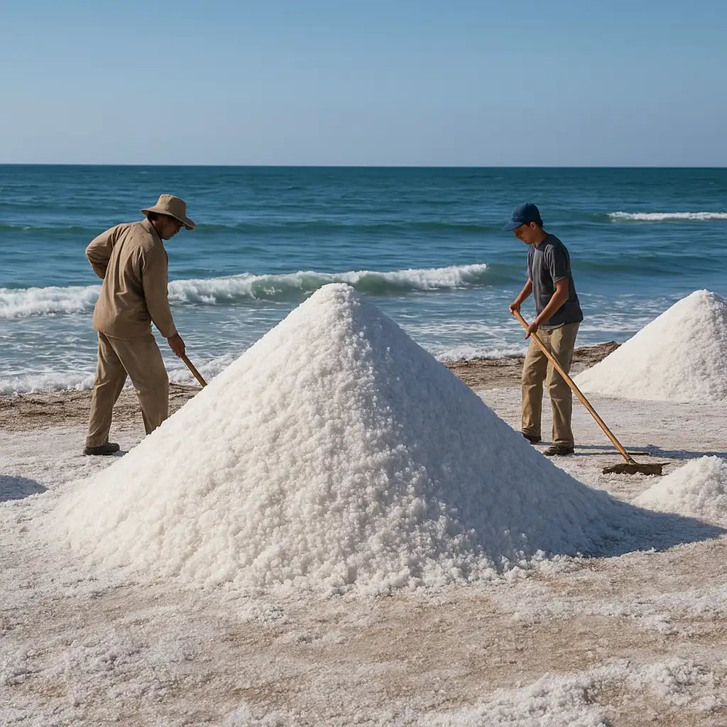 Two workers in protective clothing raking large white sea salt piles on a coastal salt flat, with ocean waves and clear blue sky in the background.