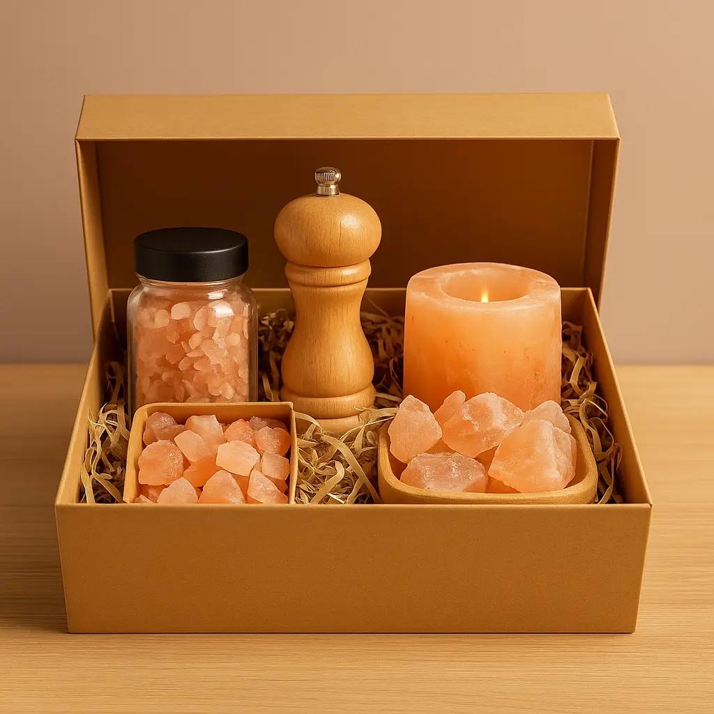 A premium Himalayan salt gift box displayed on a neutral background, featuring natural salt products like pink salt chunks, mini lamps, and jars, ideal for wellness gifting and spa branding.