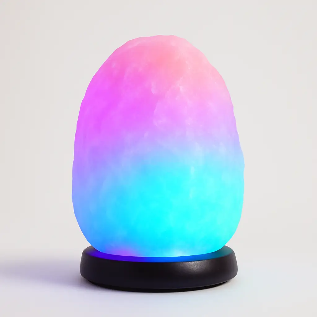 Himalayan salt lamp glowing with multicolor LED shades of pink, blue, and purple on a black base, white background.