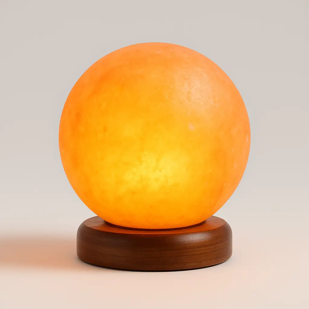 Round Himalayan globe salt lamp glowing with warm amber light on a wooden base, white background.