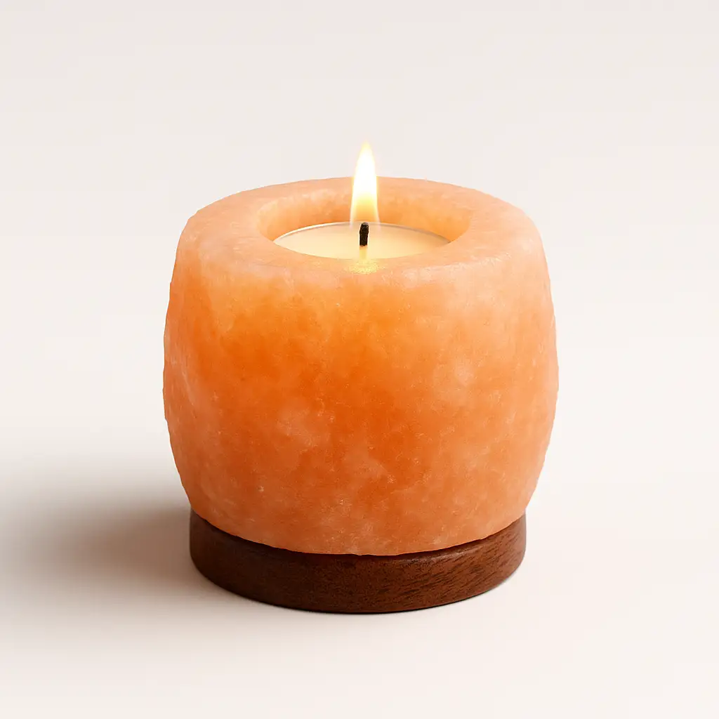 Himalayan salt candle holder with a glowing tealight inside, white background.