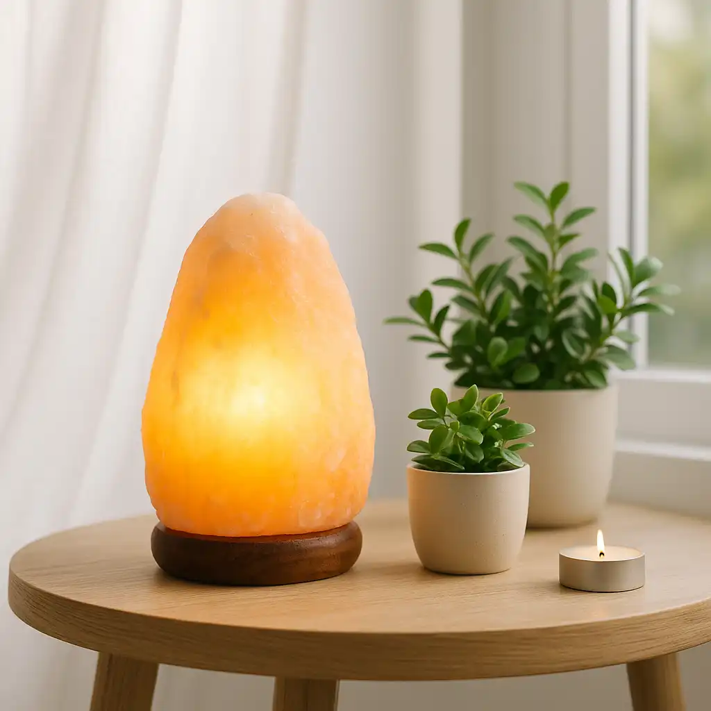 Himalayan salt lamp glowing on a wooden table near a bright window with potted plants and natural light.