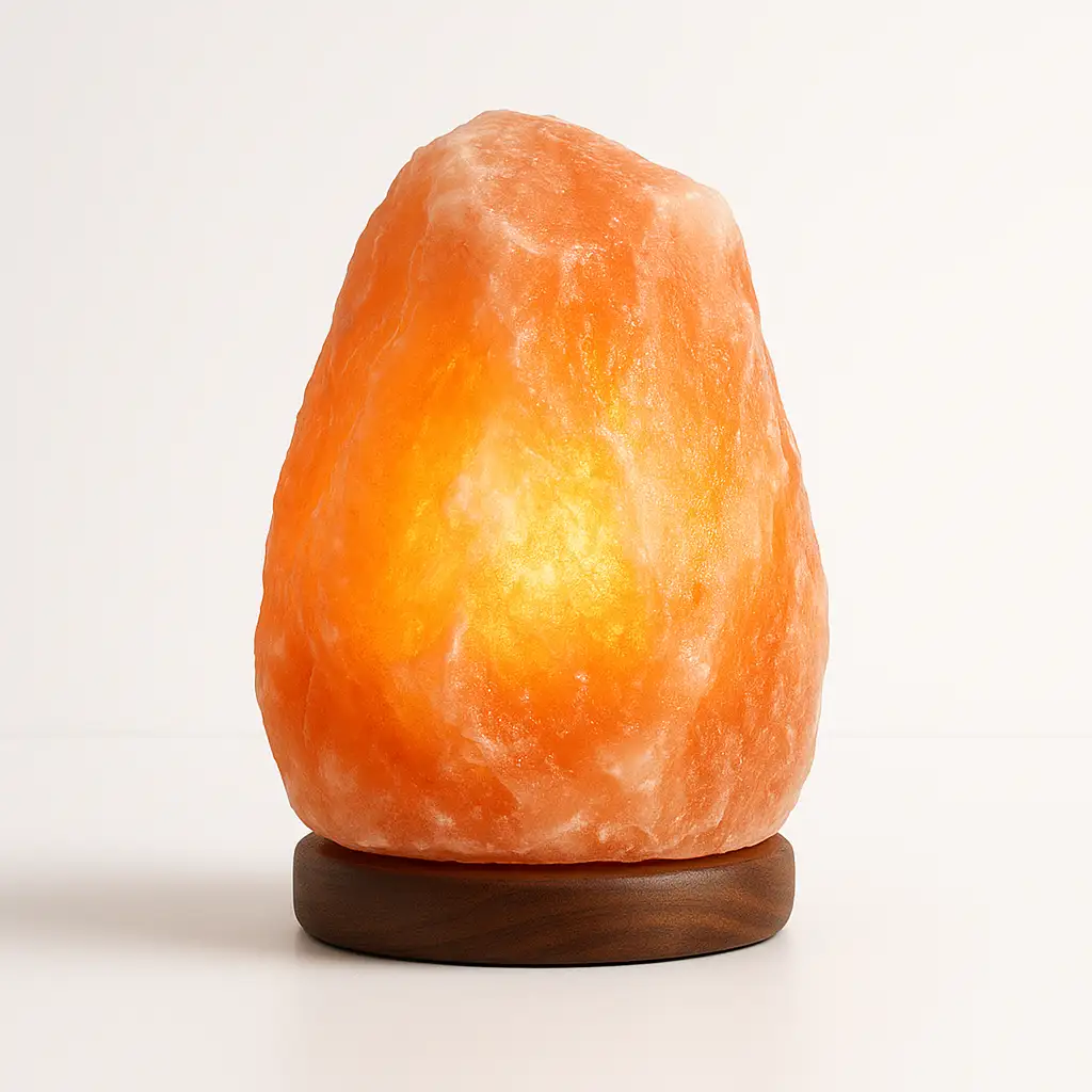 Natural shape Himalayan pink salt lamp glowing warmly on a wooden base against a white background.