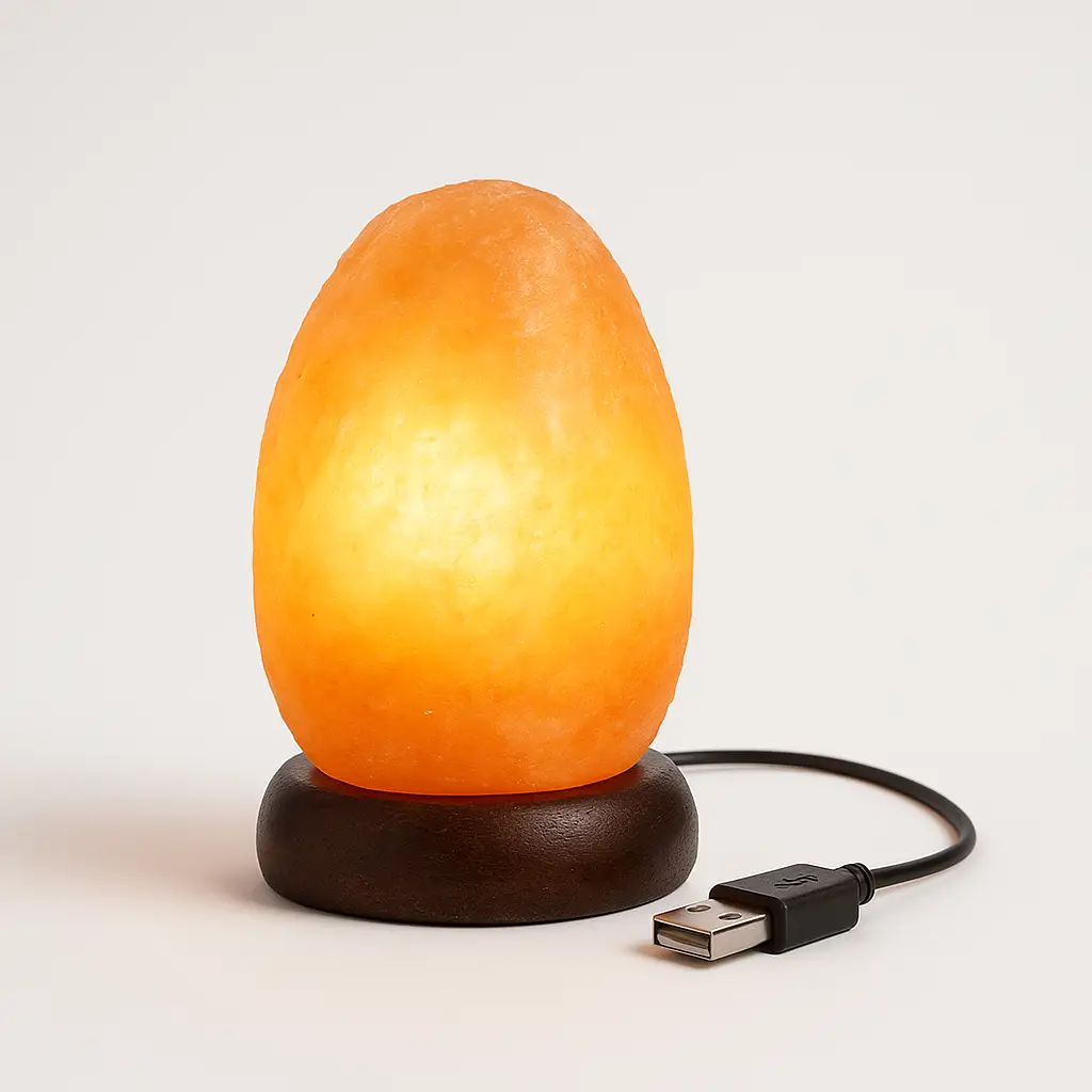 Compact USB Himalayan salt lamp glowing warmly with amber light on a wooden base, USB cable attached, white background.